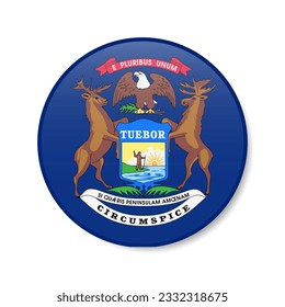 Michigan Flaggenkreissymbol, US-Rundzeichen mit Schatten. 3D-realistische Vektorgrafik einzeln auf Weiß.