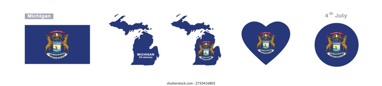 Michigan flag and map set. Michigan state flag in celebration of January 26th