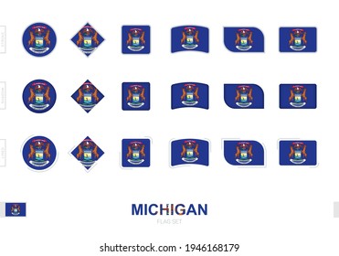 Michigan flag set, simple flags of Michigan with three different effects. Vector illustration.