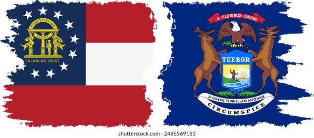 Michigan and Georgia states grunge brush flags connection, vector