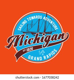 Michigan Grand Rapids. Fishing and sea elements. Vector graphics. Design for t-shirt.