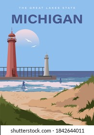 Michigan. Great Lakes. People and windsurfing on a vector poster with travel theme