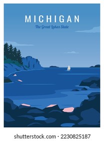 Michigan. El gran estado de los lagos. afiche de viaje con estilo plano.ilustración vectorial para tarjeta, afiche, postal, arte, impresión, etc.