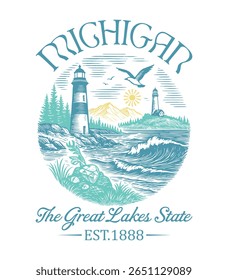 Michigan The Great Lakes State - US State Vintage T-shirt Vector, USA States Cityscape Landmark Icons, American State Typography Shirt, USA Skyline Clipart, Retro travel city illustration
