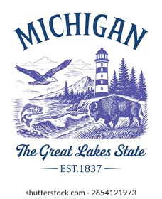 Michigan The Great Lakes State - Estados Unidos Estado Cityscape T-shirt Vetor, Ícones americanos de referência, Vintage Estados Cityscape Camisa, Retro Travel City Art, Estados Citações de referência, Estado de férias Ilustração