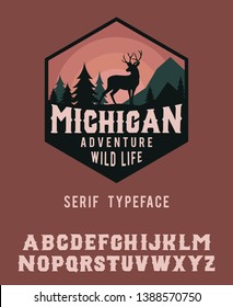 Michigan. Hand made badge in flat style. Hand made typeface. Serif font. Vintage badge.