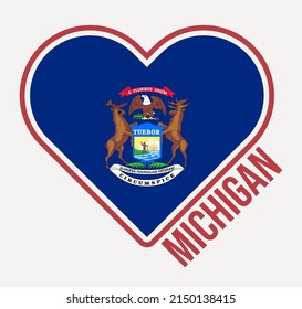 Michigan heart flag badge. Made with Love from Michigan logo. Flag of the US state in heart shape. Vector illustration.