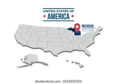 Michigan Destacado En Un Mapa Isométrico 3D De Los Estados Unidos De América