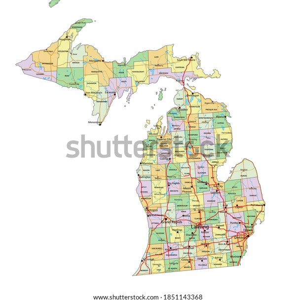 Michigan Highly Detailed Editable Political Map Stock Vector (royalty 