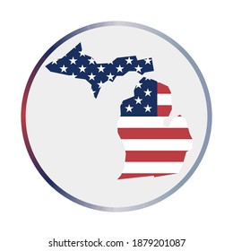 Icono de Michigan. Forma del estado de ee.uu. con la bandera de Michigan. Signo redondeado con anillo degradado de colores de bandera. Ilustración vectorial cautivadora.