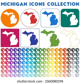 Michigan icons collection. Bright colourful trendy map icons. Modern Michigan badge with us state map. Vector illustration.