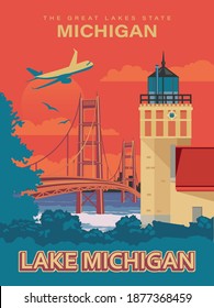 Michigan lake  and a lighthouse, an airplane on a retro poster 