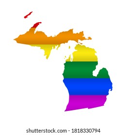 Michigan LGBT flag map. Vector illustration. Slightly wavy rainbow gay pride flag map.