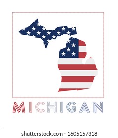 Michigan Logo. Map of Michigan with us state name and flag. Awesome vector illustration.