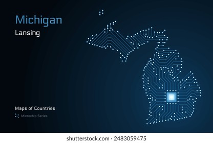 Michigan Map with a capital of Lansing Shown in a Microchip Pattern. Silicon valley, E-government. United States vector maps. Microchip Series