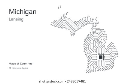 Michigan Map with a capital of Lansing Shown in a Microchip Pattern. Silicon valley, E-government. United States vector maps. Microchip Series