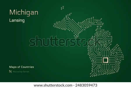 Michigan Map with a capital of Lansing Shown in a Microchip Pattern. Silicon valley, E-government. United States vector maps. Microchip Series
