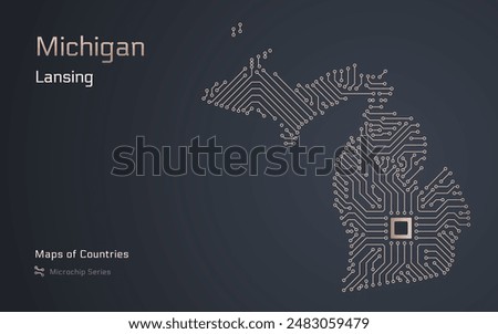 Michigan Map with a capital of Lansing Shown in a Microchip Pattern. Silicon valley, E-government. United States vector maps. Microchip Series