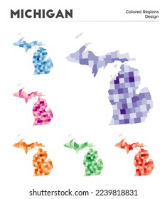 Michigan map collection. Borders of Michigan for your infographic. Colored us state regions. Vector illustration.