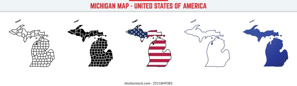 Mapa de Michigan com ícone de traçado editável. Michigan EUA ícone da linha fina do estado, ilustração do vetor do mapa de Michigan, Michigan, mapa do vetor da silhueta azul MI