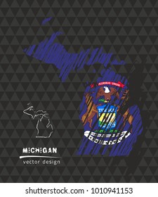 Michigan map with flag inside on the black background. Chalk sketch vector illustration