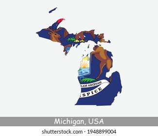 Michigan Map Flag. Map of MI, USA with the state flag isolated on white background. United States, America, American, United States of America, US State. Vector illustration.