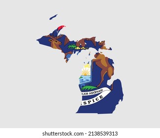 Michigan Map Flag. Map of MI, USA with the state flag. United States, America, American, United States of America, US State Banner. Vector illustration.
