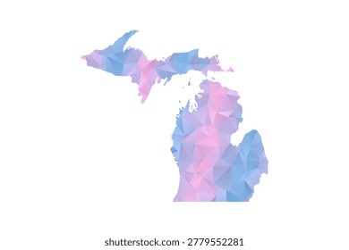 Michigan Map - Polygon Style Vector Illustration in Pastel Blue and Pink Gradient, Low Poly Geometric Design, Isolated on White Background for Infographics and Education.