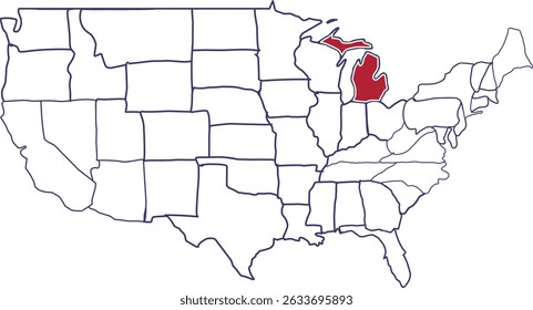 Michigan Map in Red, map of america highlighting the state of Michigan