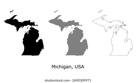 Conjunto de mapas de Michigan. Míchigan Estados Unidos mapa Vector. Mapa de Michigan sobre silueta, gris y contorno