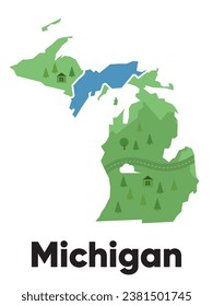 Mapa de Michigan forma Estados Unidos Estados Unidos estilo de caricatura dibujado a mano del bosque verde con árboles terreno de viaje 