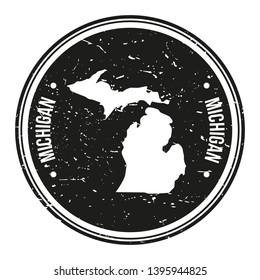 Michigan Map Symbol. Round Design Stamp. Seal Travel and Business Icon.