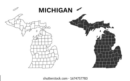Michigan Map - Map of Michigan US State With Counties Border Boundaries Black Silhouette and Outline Vector Illustration