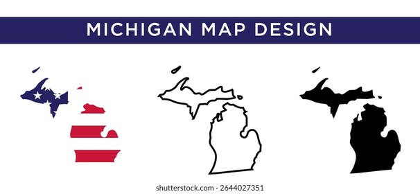 Michigan Map with USA Flag Vector Set Patriotic State Silhouette Collection