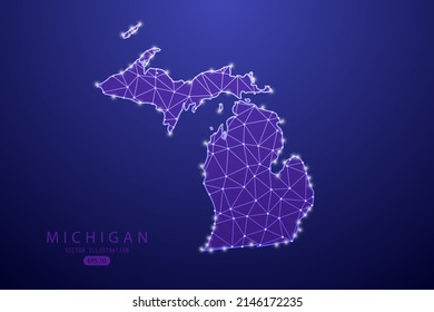 Michigan Map - USA, United States of America map vector template with purple mash line, point scales, and polygon style isolated on purple technology background - Vector illustration eps 10