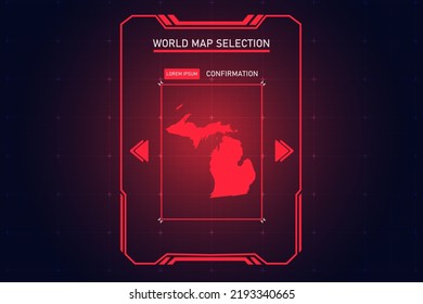 Michigan Map - USA, Unites States of America Map vector template with Red Color in perspective style and HUD, GUI, UI interface isolated on black background for design - Vector illustration eps 10