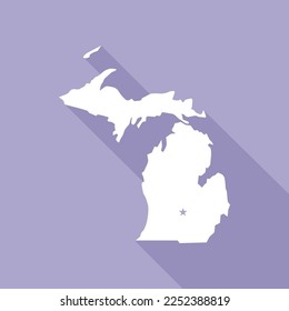 Ilustración vectorial del mapa de Michigan. Mapa plano de color lavanda del estado del noreste con la capital - Lansing. Estados Unidos de América, infografía, conceptos geográficos.