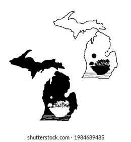 Michigan map vector illustration, scribble sketch Michigan map. State silhouette and outline hand drawn art. Michigan State silhouette with scenery inside