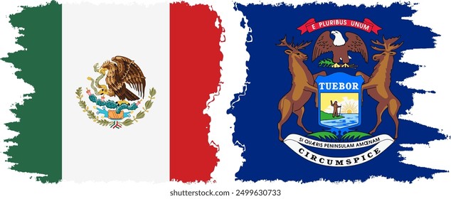 Michigan and Mexico grunge brush flags connection, vector