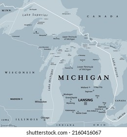 Michigan, MI, gray political map with capital Lansing and metropolitan area Detroit. State in the Great Lakes region of upper Midwestern United States, nicknamed Great Lake State, and Wolverine State.