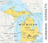 Michigan, MI, political map, with capital Lansing and metropolitan area Detroit. State in Great Lakes region of upper Midwestern United States, nicknamed The Great Lake State, and The Wolverine State.