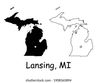 Michigan MI state Map USA with Capital City Star at Lansing. Black silhouette and outline isolated on a white background. EPS Vector