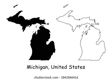 Michigan MI state Maps. Black silhouette and outline isolated on a white background. EPS Vector