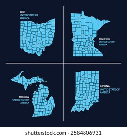 Michigan, minnesota, ohio and indiana blue black state border map. Maps of michigan, minnesota, ohio and indiana.