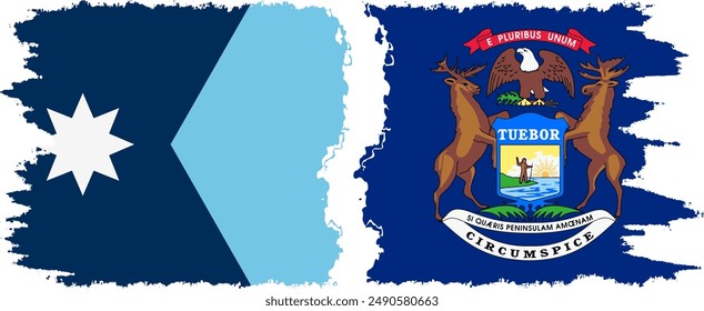 Michigan and Minnesota states grunge brush flags connection, vector