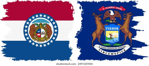Michigan and Missouri states grunge brush flags connection, vector