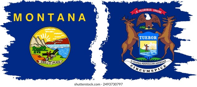 Michigan and Montana states grunge brush flags connection, vector