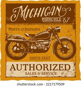 Michigan motorcycles, vector icon for speedway motors sport. Motorcycle racing and speed moto retro grunge t-shirt print, biker motocross, or motorsport custom emblem