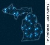 Michigan network map. Abstract geometric map of the US state. Digital connections and telecommunication design. Glowing internet network. Appealing vector illustration.