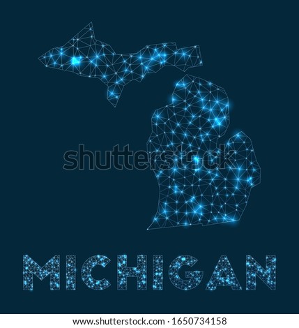 Michigan network map. Abstract geometric map of the us state. Internet connections and telecommunication design. Stylish vector illustration.